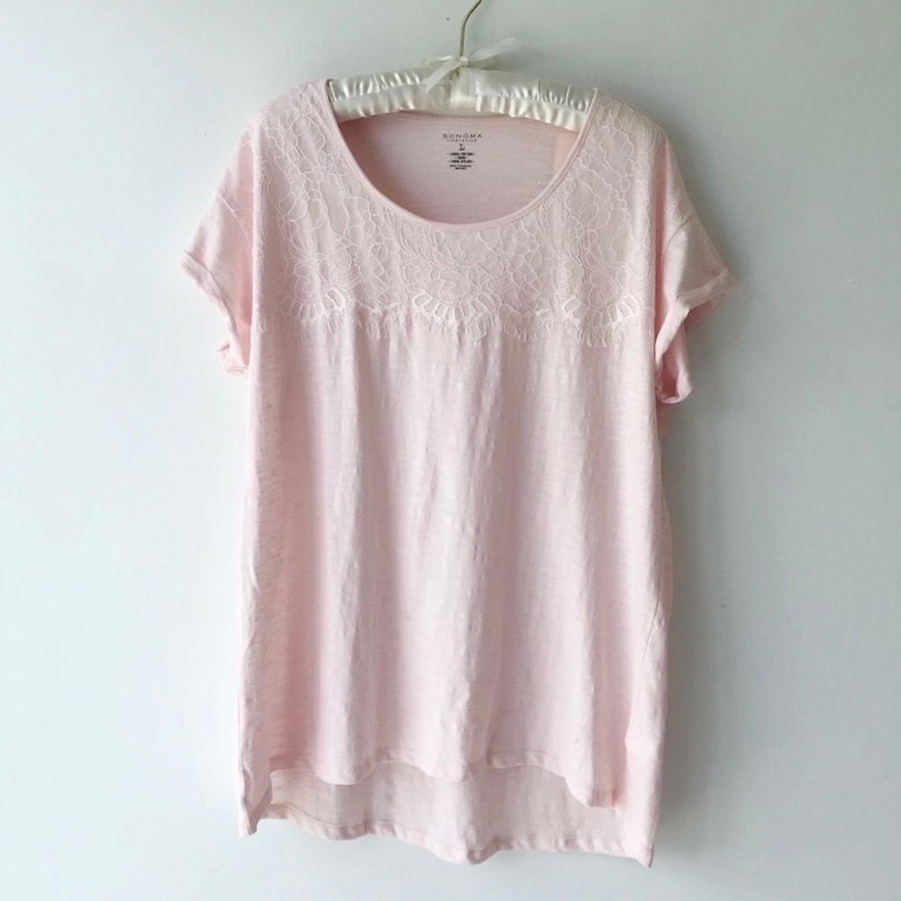 Pink lace tee shirt cotton scoop neck  split hem burnout cotton  Sz L NWT